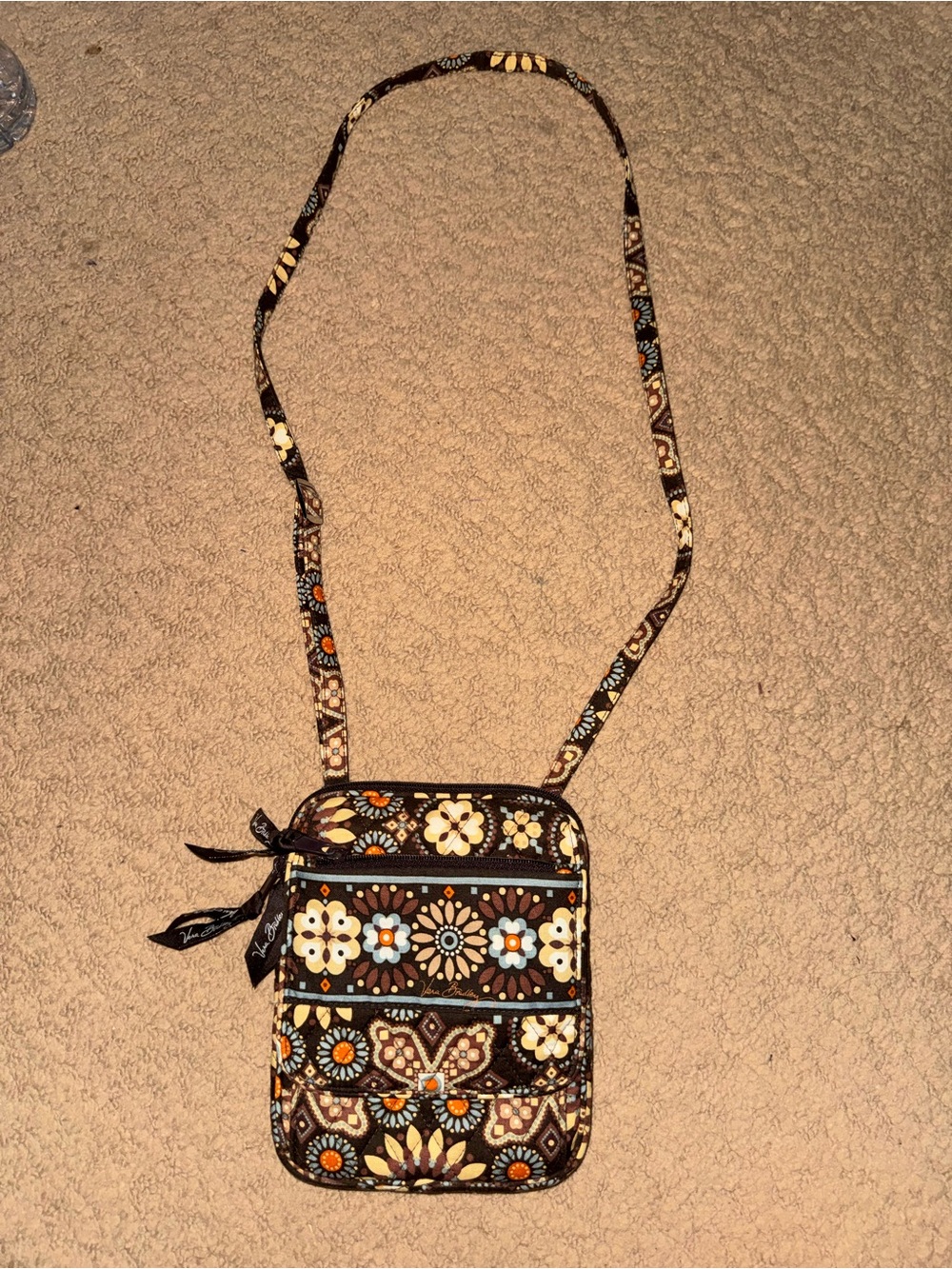 Vera Bradley Brown Floral Quilted Crossbody with Blue & Cream Accents